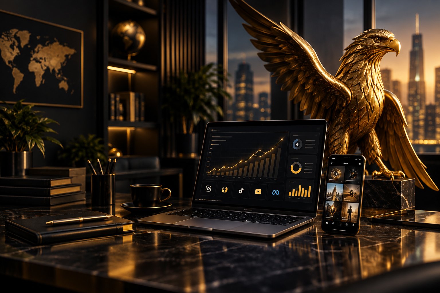 Golden eagle beside digital creative tools — MasterBird brand visual